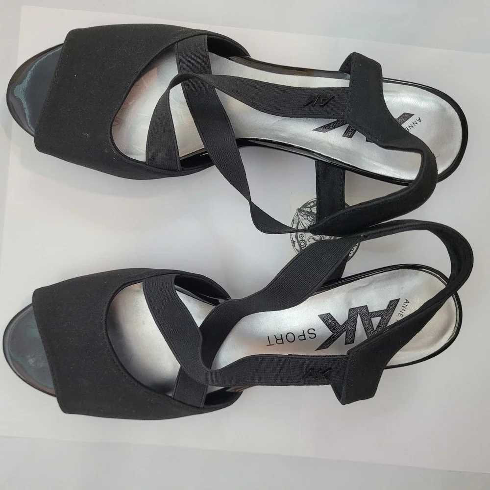 Anne Klein Sport AKMEME Wedge Sandals Womens 11 Black Elastic Straps Slingback
